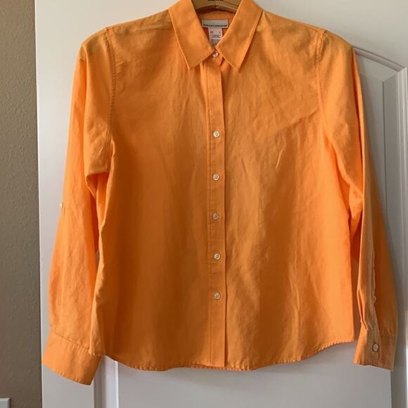 Jones New York Orange LINEN Blend BUTTON DOWN Shirt Size Large - Picture 2 of 5